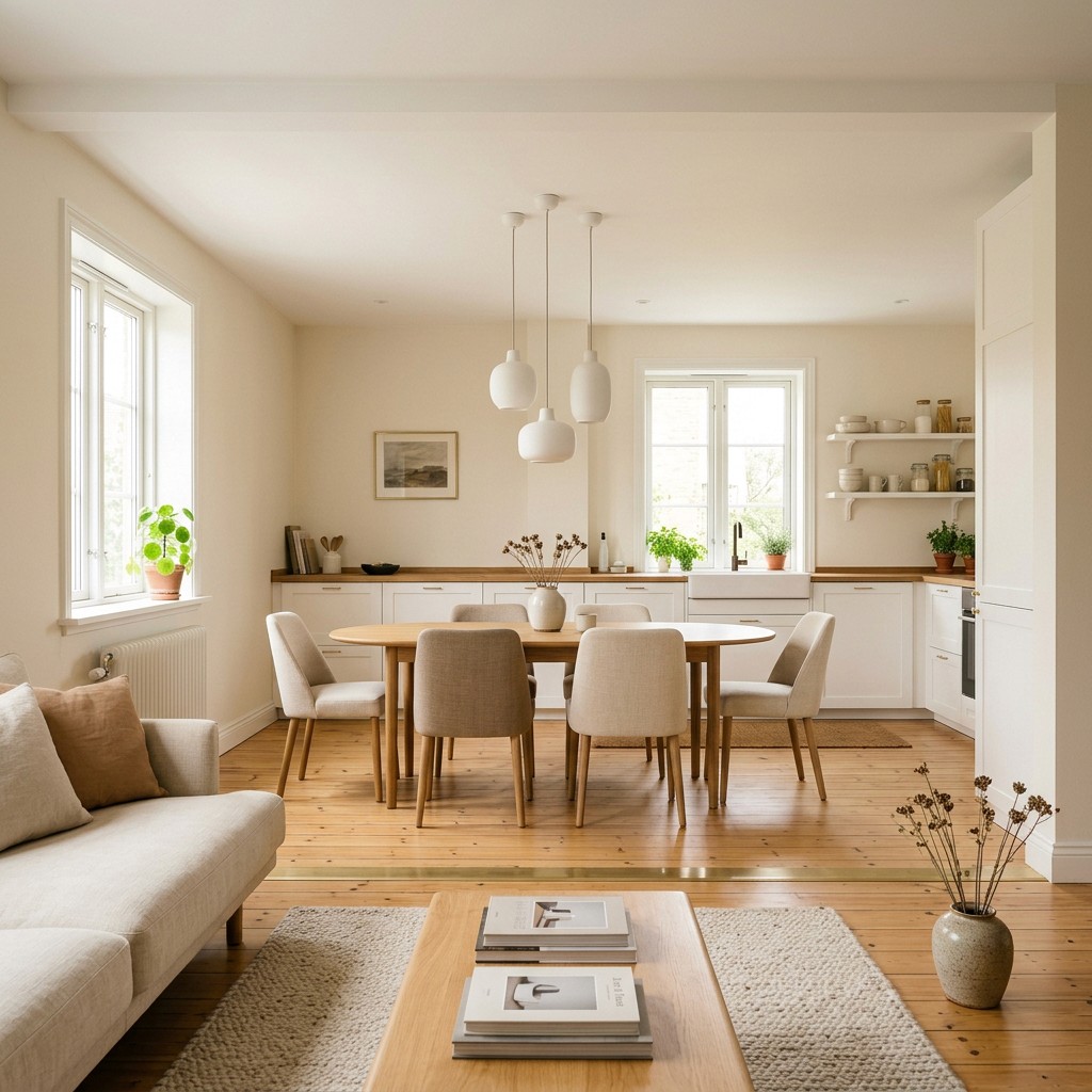 Open-plan interior arranged around a central seating group