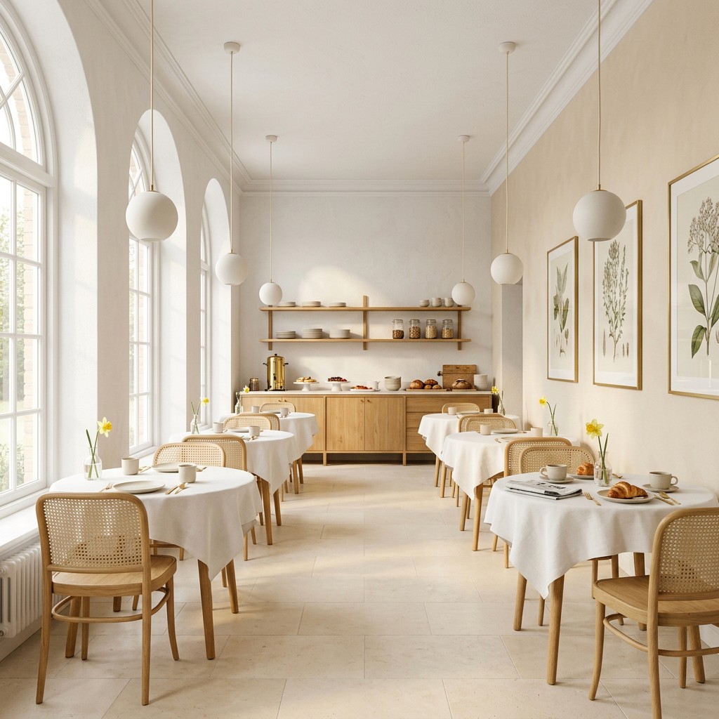Restaurant dining room with cane chairs, white linen tables and open timber shelving