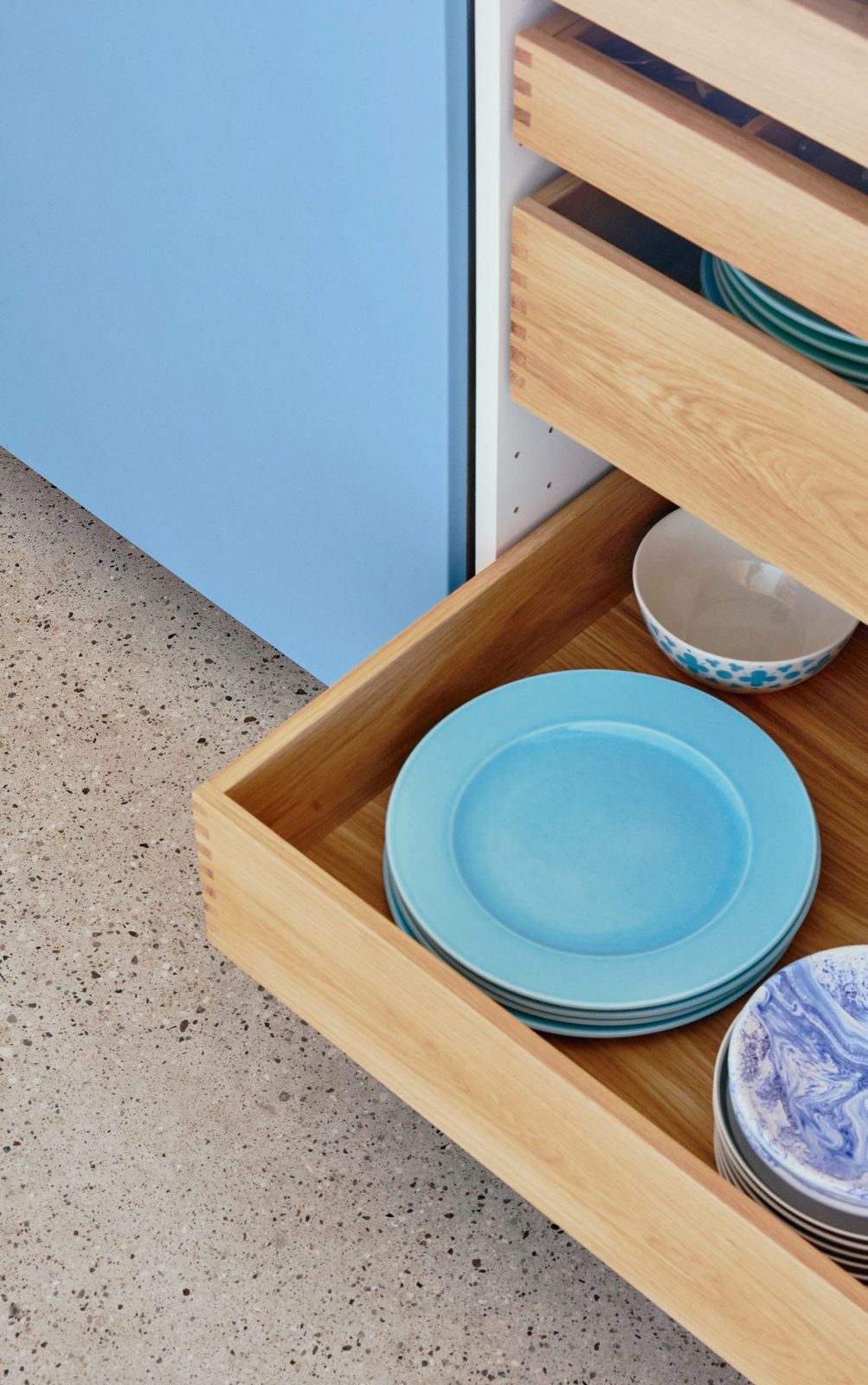 HDPE front in blue and MD Kitchen and Bath drawers