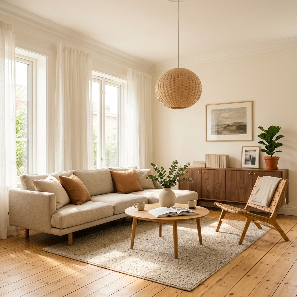 Sunlit living room with a linen sectional, oak coffee table and woven rug