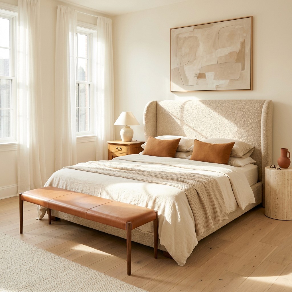 Bedroom with a bedside table, table lamp and layered neutral bedding
